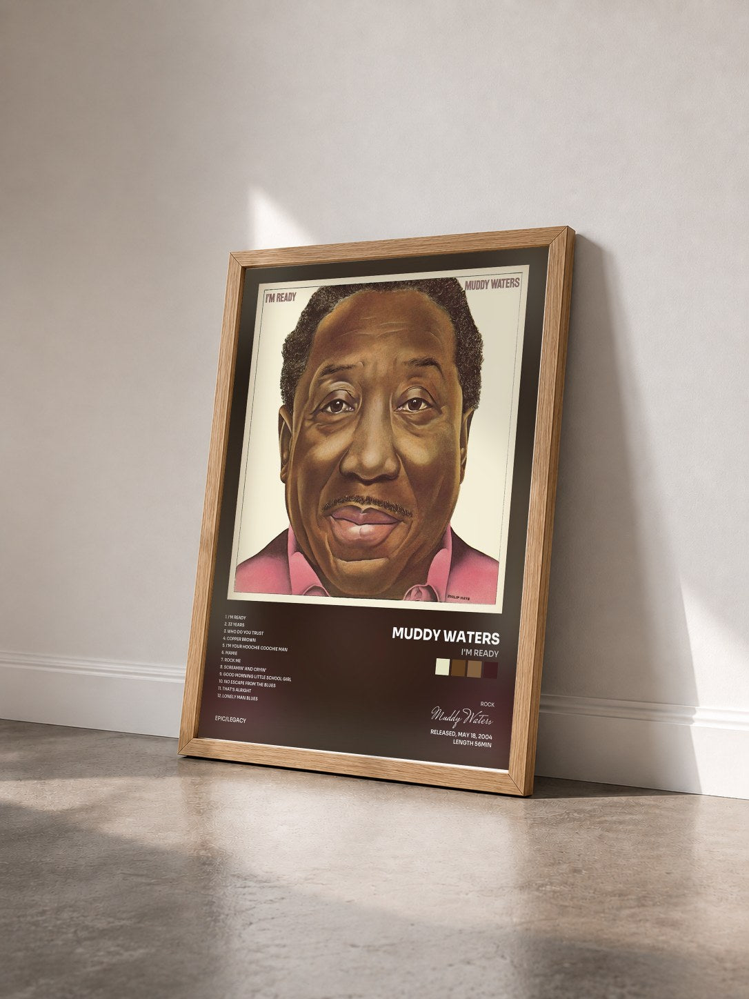 #bois Tableau de l'album I'm Ready de Muddy Waters vu de trois quarts, cadre en bois brut