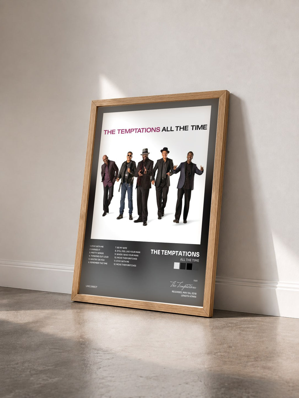 #bois Tableau de l'album All The Time de The Temptations vu de trois quarts, cadre en bois brut