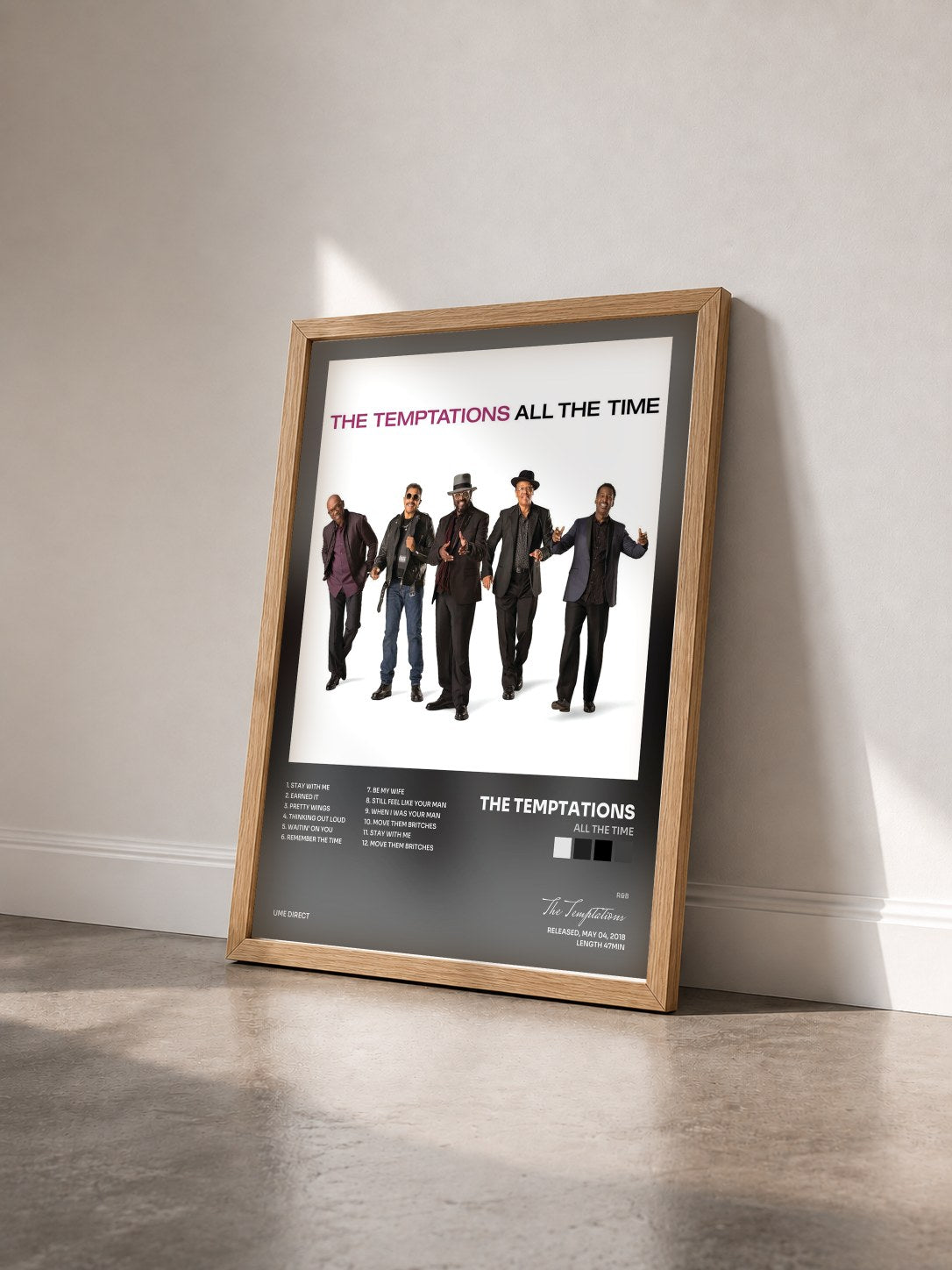 #bois Tableau de l'album All The Time de The Temptations vu de trois quarts, cadre en bois brut