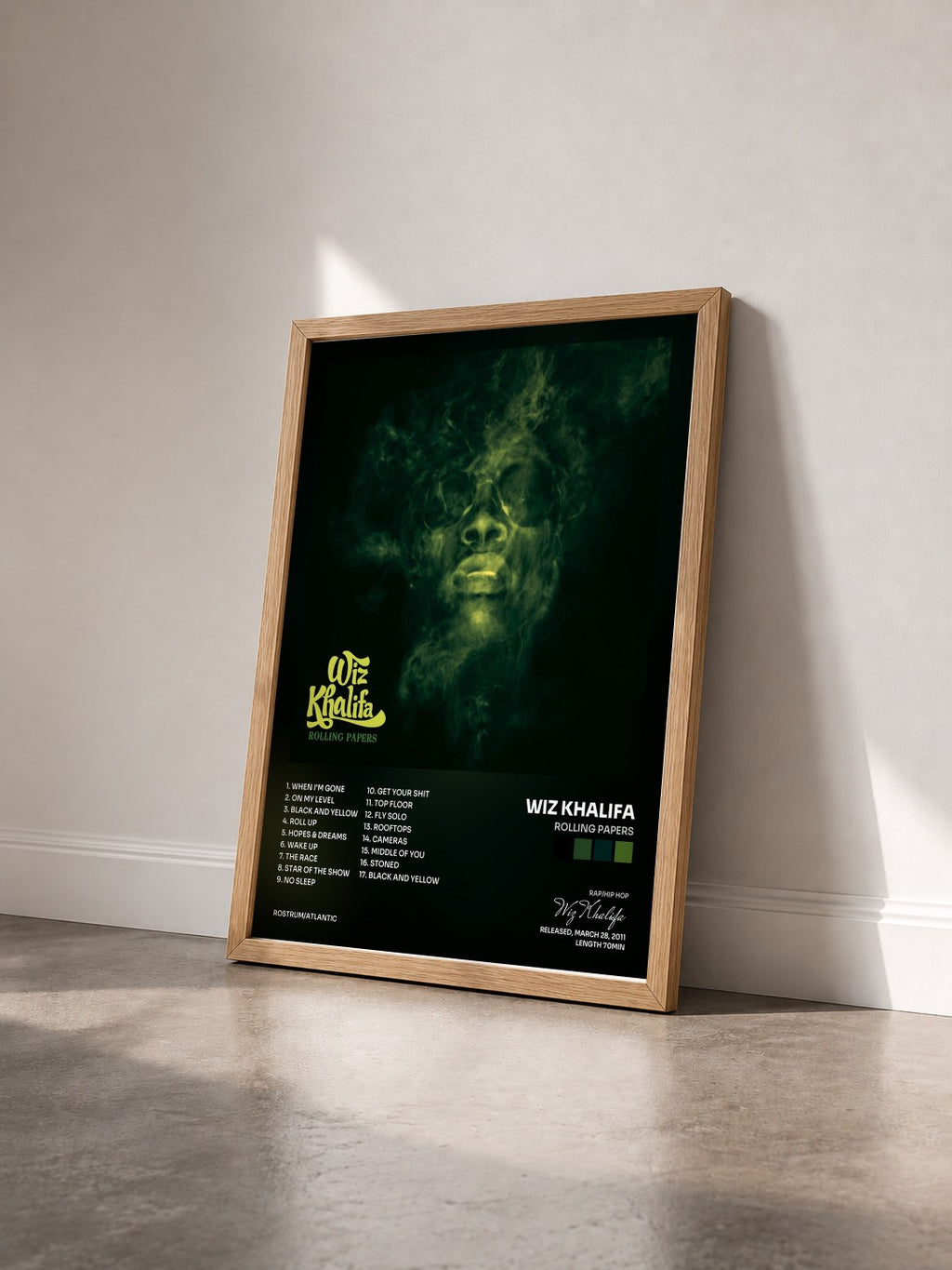 #bois Tableau de l'album Rolling Papers de Wiz Khalifa vu de trois quarts, cadre en bois brut