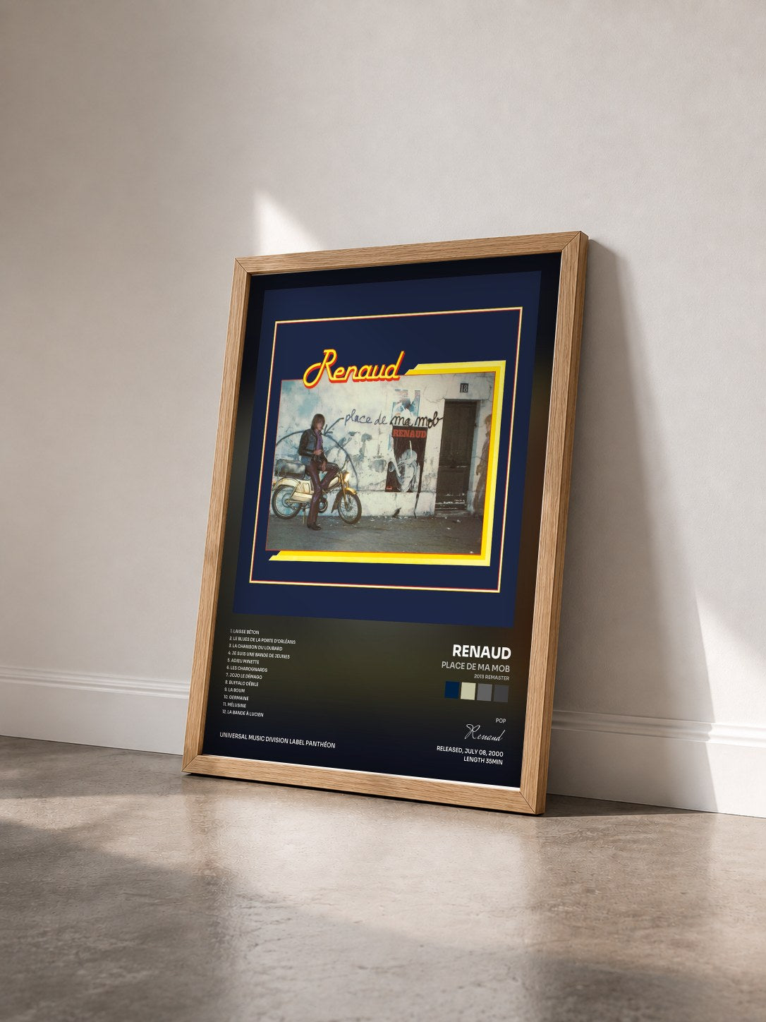 #bois Tableau de l'album Place De Ma Mob (2013 Remaster) de Renaud vu de trois quarts, cadre en bois brut