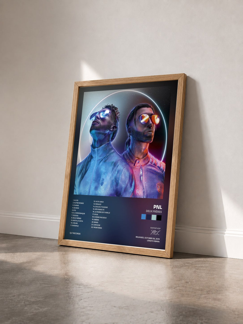 #bois Tableau de l'album Deux frères de PNL vu de trois quarts, cadre en bois brut