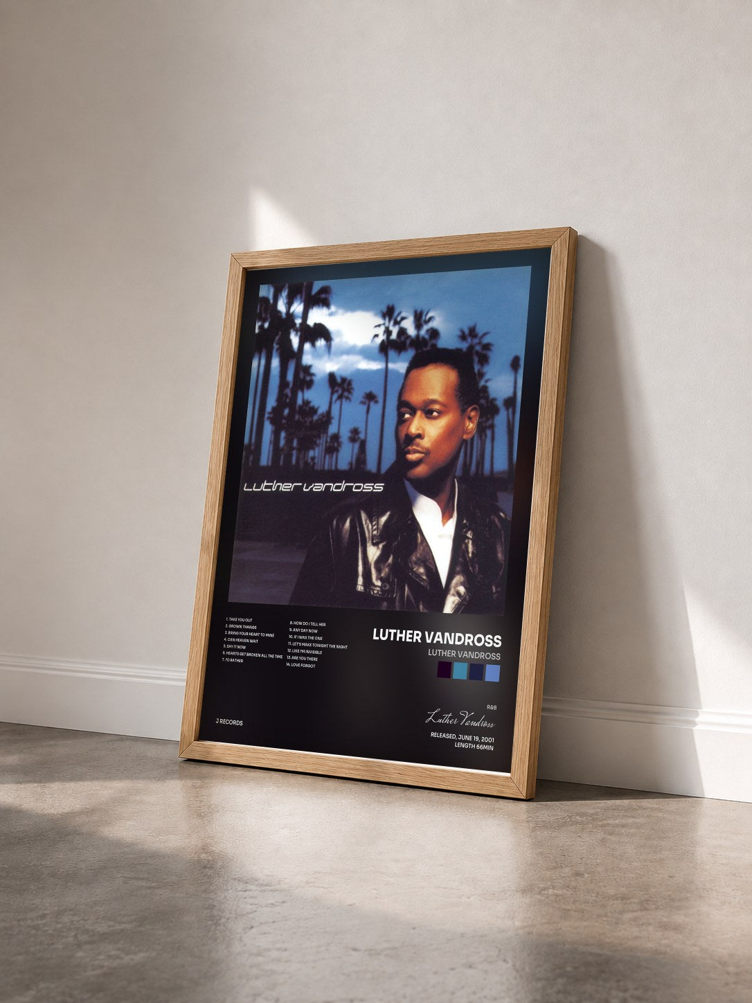 #bois Tableau de l'album Luther Vandross de Luther Vandross vu de trois quarts, cadre en bois brut