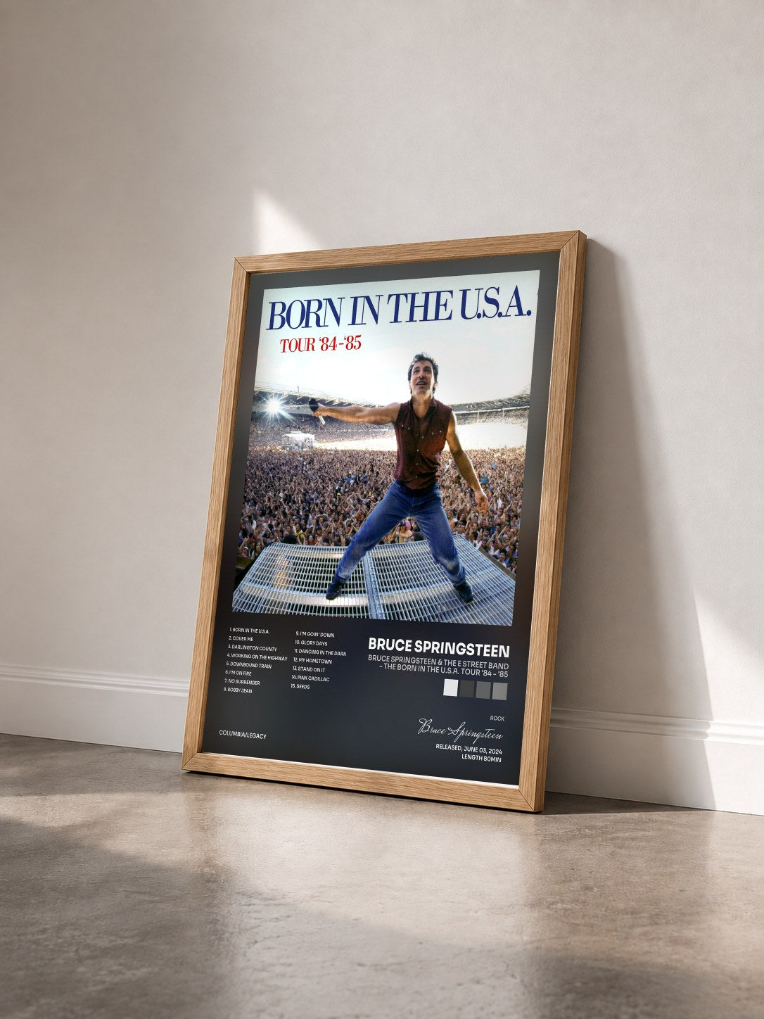 #bois Tableau de l'album Bruce Springsteen & The E Street Band - The Born in the U.S.A. Tour '84 - '85 de Bruce Springsteen vu de trois quarts, cadre en bois brut