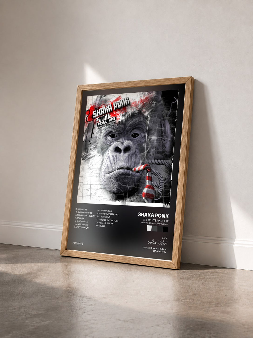 #bois Tableau de l'album The White Pixel Ape (Smoking Isolate to Keep in Shape) de Shaka Ponk vu de trois quarts, cadre en bois brut