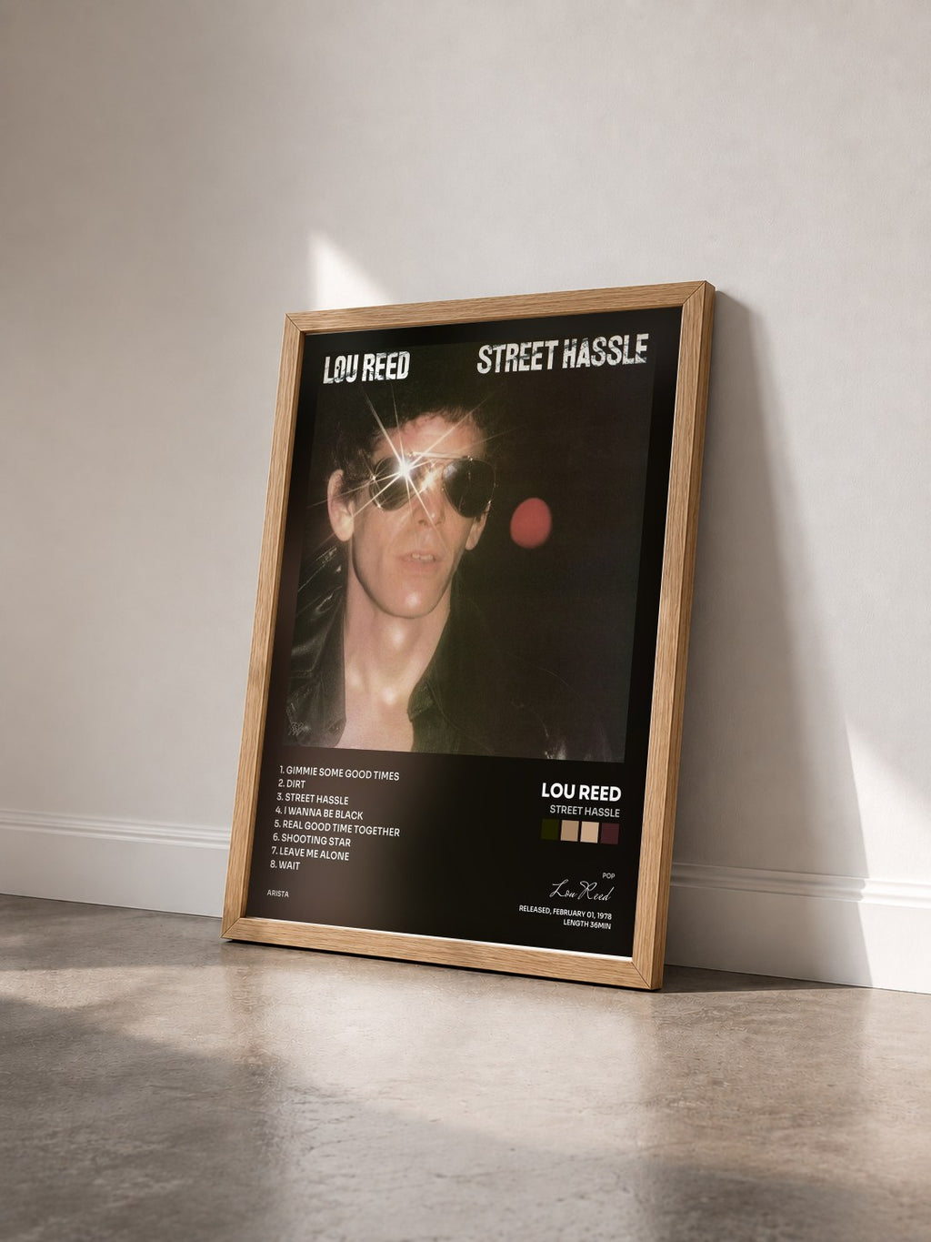 #bois Tableau de l'album Street Hassle de Lou Reed vu de trois quarts, cadre en bois brut