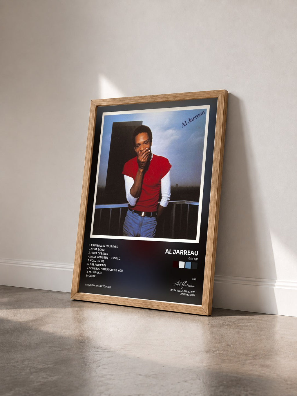 #bois Tableau de l'album Glow de Al Jarreau vu de trois quarts, cadre en bois brut