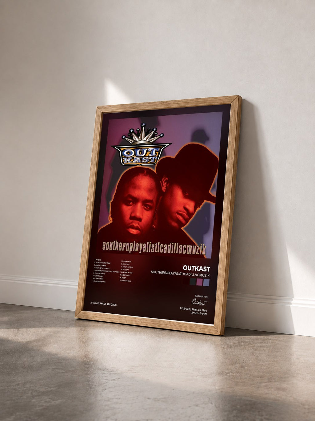 #bois Tableau de l'album Southernplayalisticadillacmuzik de Outkast vu de trois quarts, cadre en bois brut