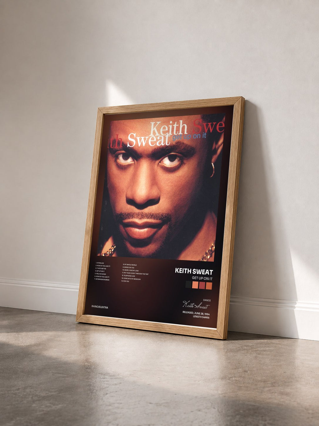 #bois Tableau de l'album Get up on It de Keith Sweat vu de trois quarts, cadre en bois brut