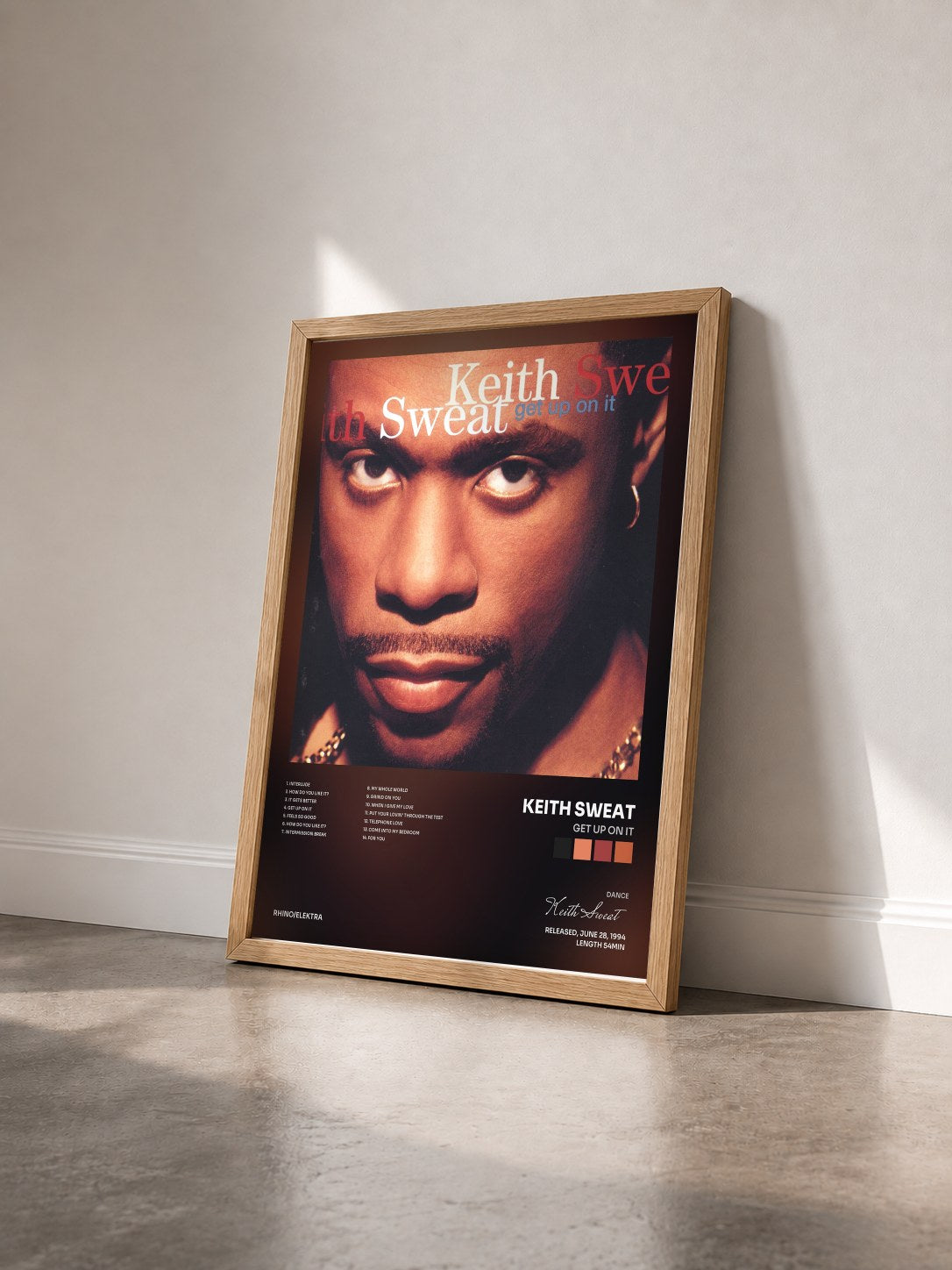 #bois Tableau de l'album Get up on It de Keith Sweat vu de trois quarts, cadre en bois brut