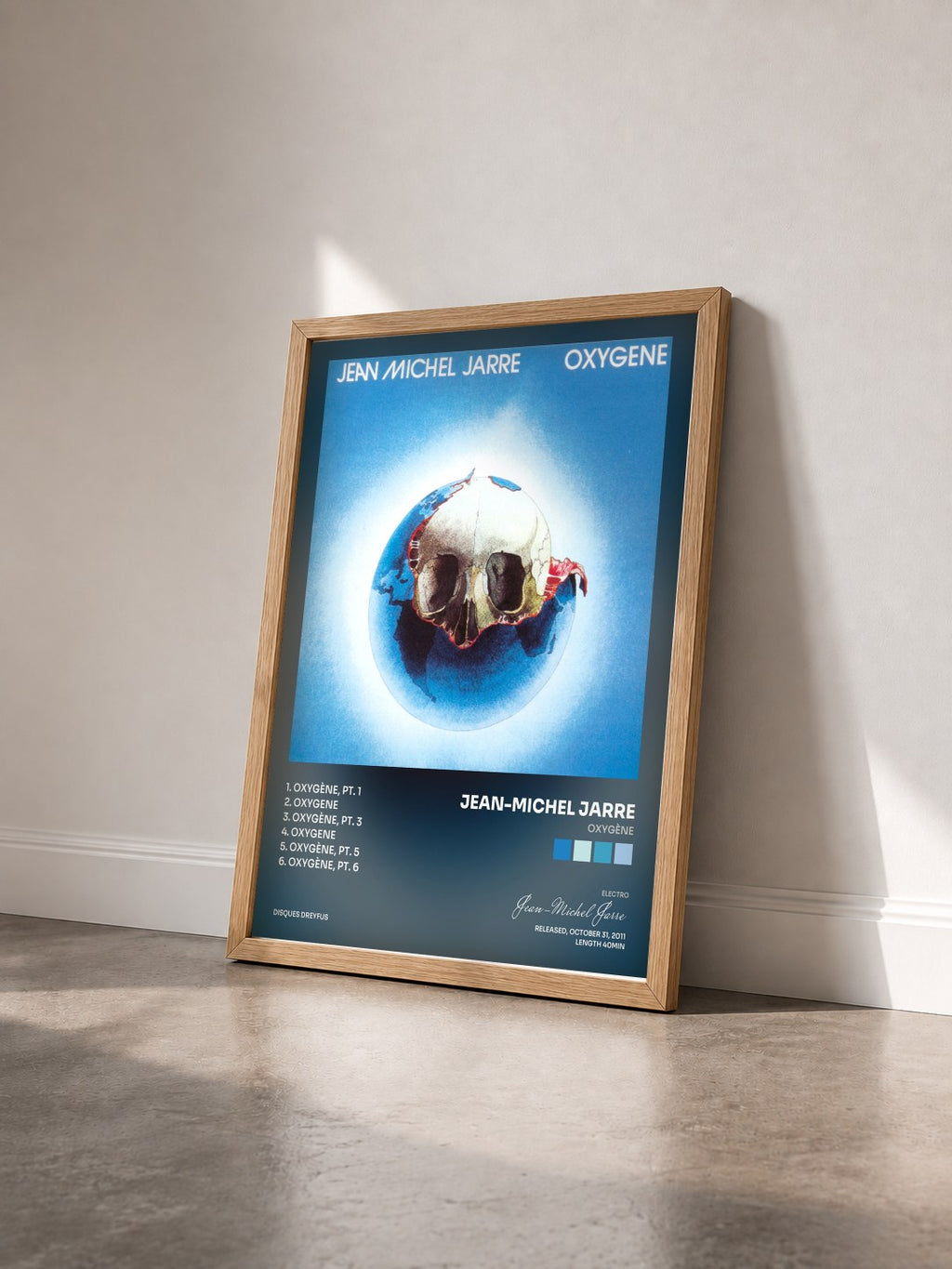 #bois Tableau de l'album Oxygène de Jean-Michel Jarre vu de trois quarts, cadre en bois brut