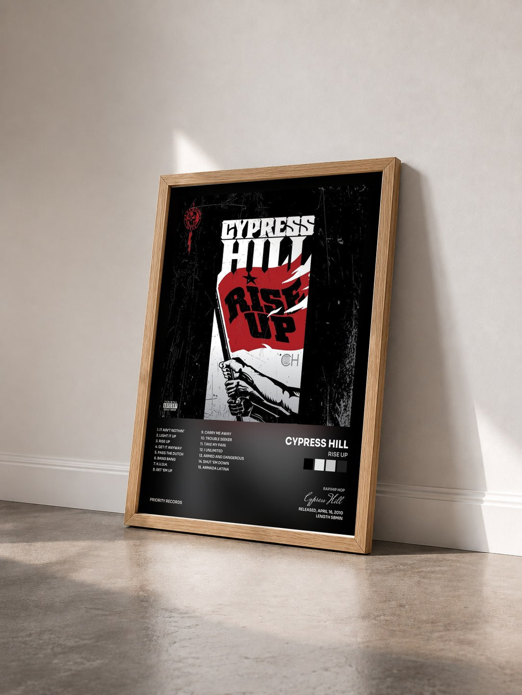 #bois Tableau de l'album Rise Up de Cypress Hill vu de trois quarts, cadre en bois brut