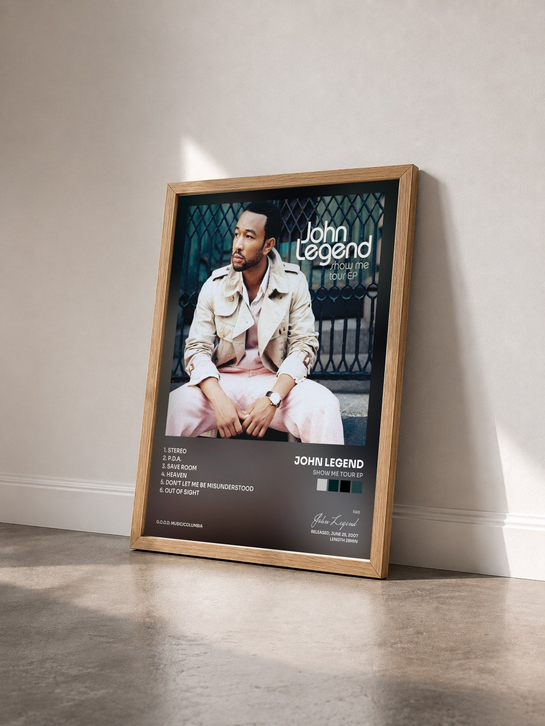 #bois Tableau de l'album Show Me Tour EP de John Legend vu de trois quarts, cadre en bois brut