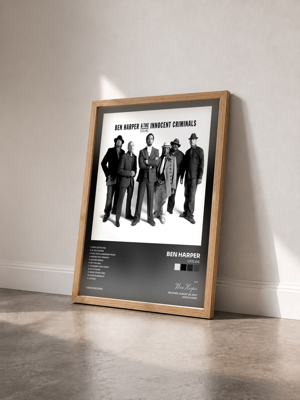 #bois Tableau de l'album Lifeline de Ben Harper vu de trois quarts, cadre en bois brut