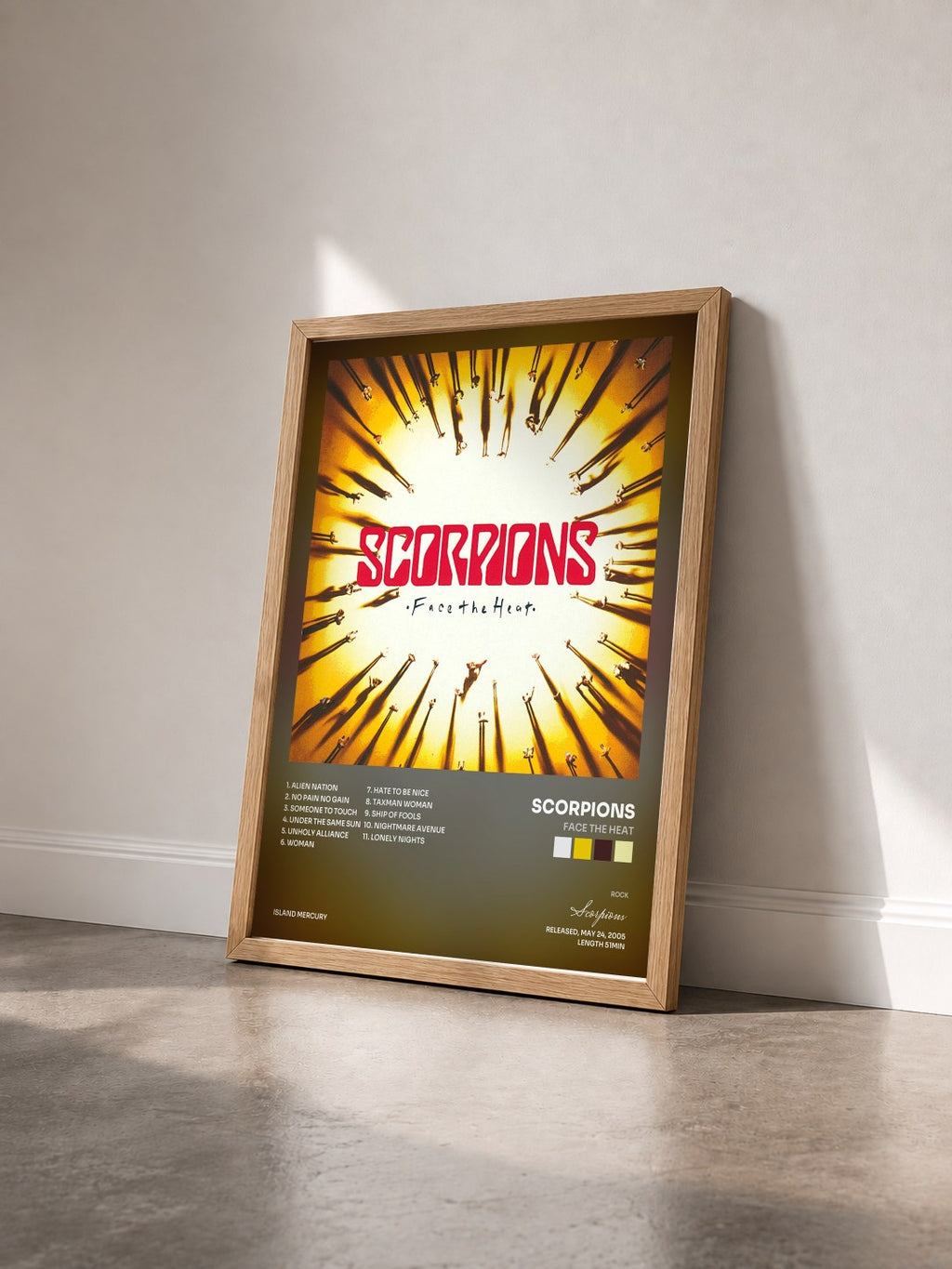 #bois Tableau de l'album Face The Heat de Scorpions vu de trois quarts, cadre en bois brut