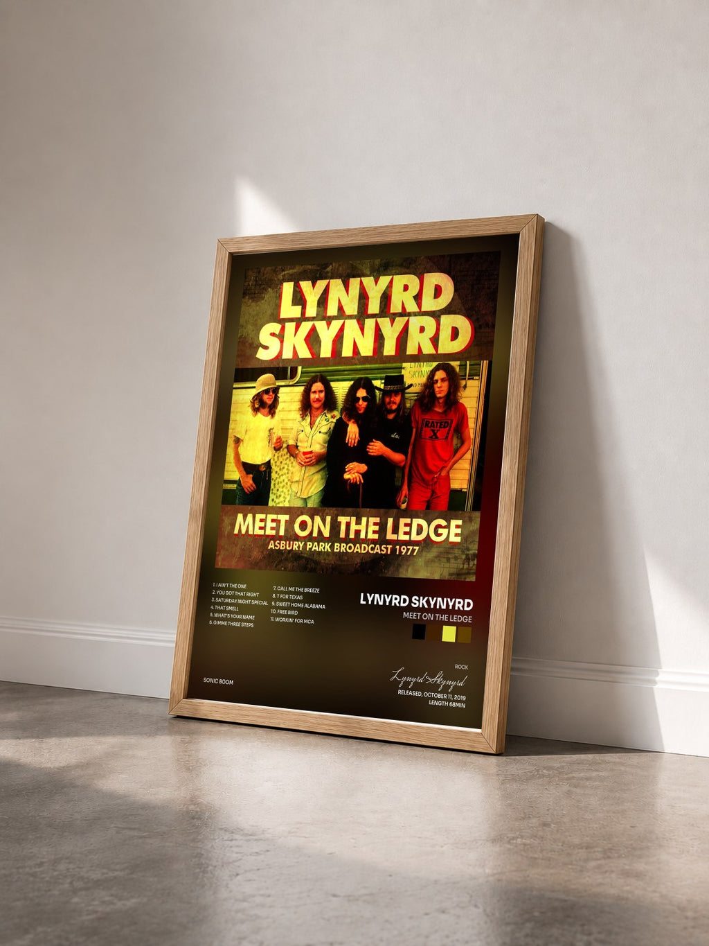 #bois Tableau de l'album Meet On The Ledge de Lynyrd Skynyrd vu de trois quarts, cadre en bois brut