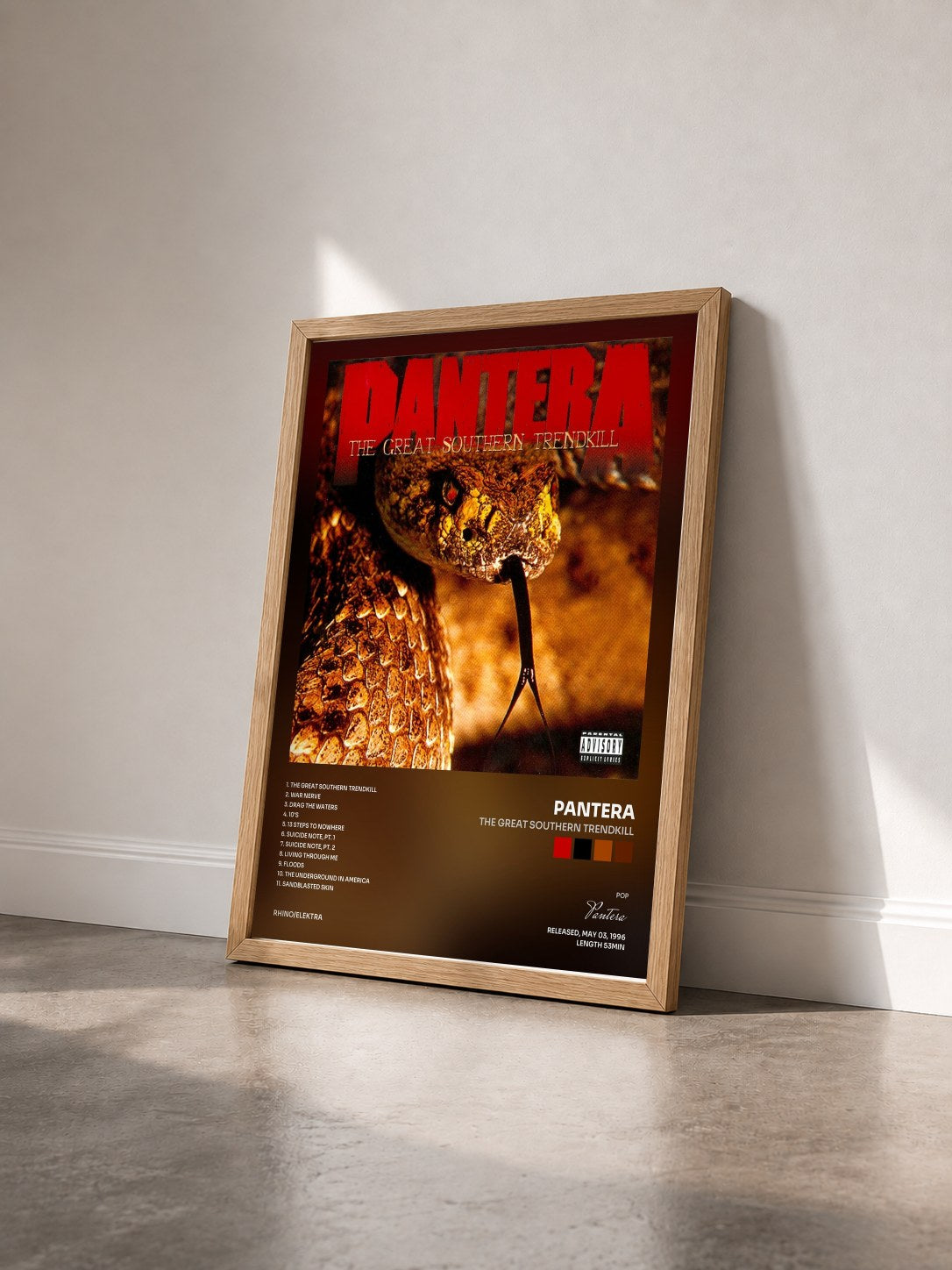 #bois Tableau de l'album The Great Southern Trendkill de Pantera vu de trois quarts, cadre en bois brut