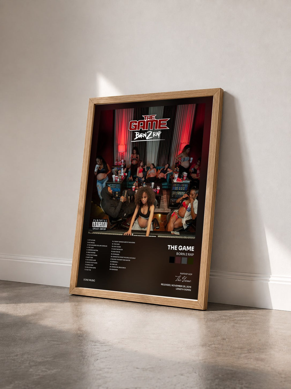 #bois Tableau de l'album Born 2 Rap de The Game vu de trois quarts, cadre en bois brut