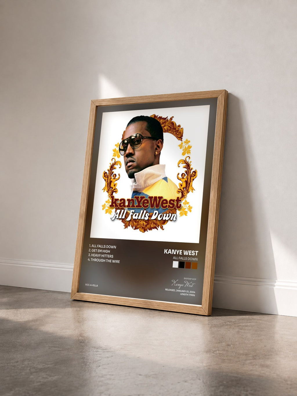 #bois Tableau de l'album All Falls Down de Kanye West vu de trois quarts, cadre en bois brut