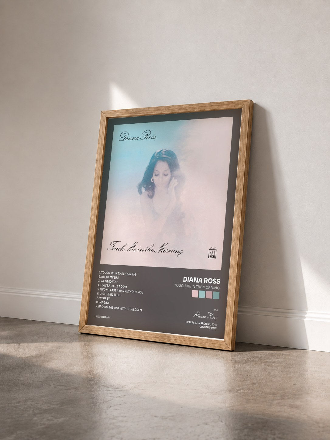 #bois Tableau de l'album Touch Me In The Morning de Diana Ross vu de trois quarts, cadre en bois brut