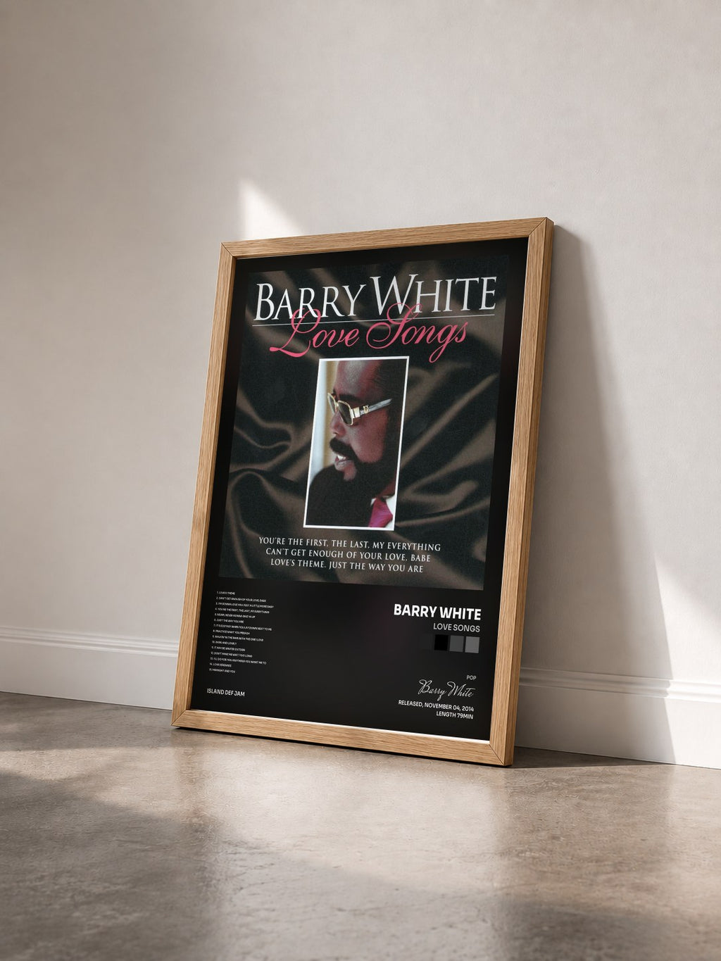 #bois Tableau de l'album Love Songs de Barry White vu de trois quarts, cadre en bois brut