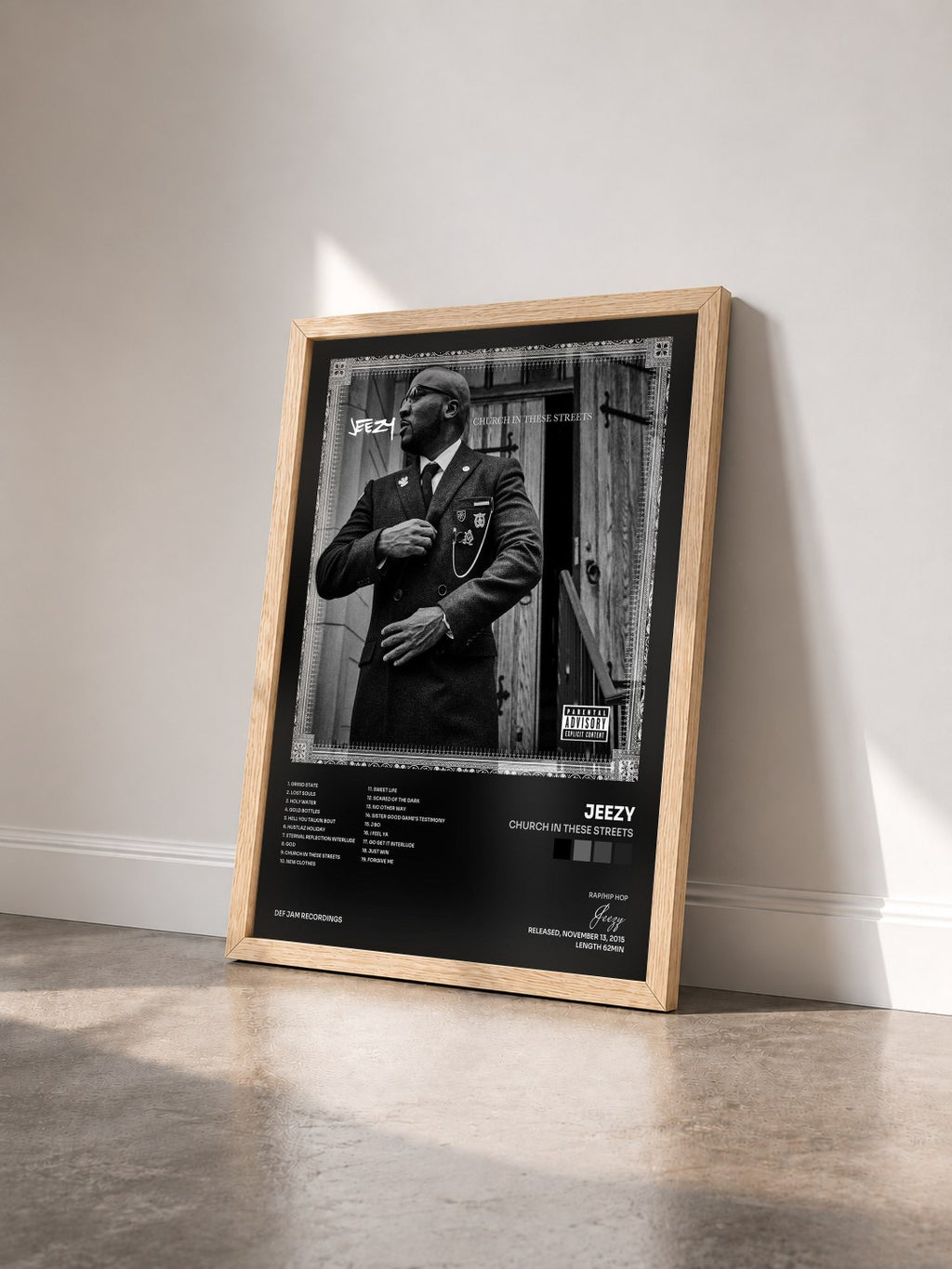 #bois Tableau de l'album Church In These Streets de Jeezy vu de trois quarts, cadre en bois brut