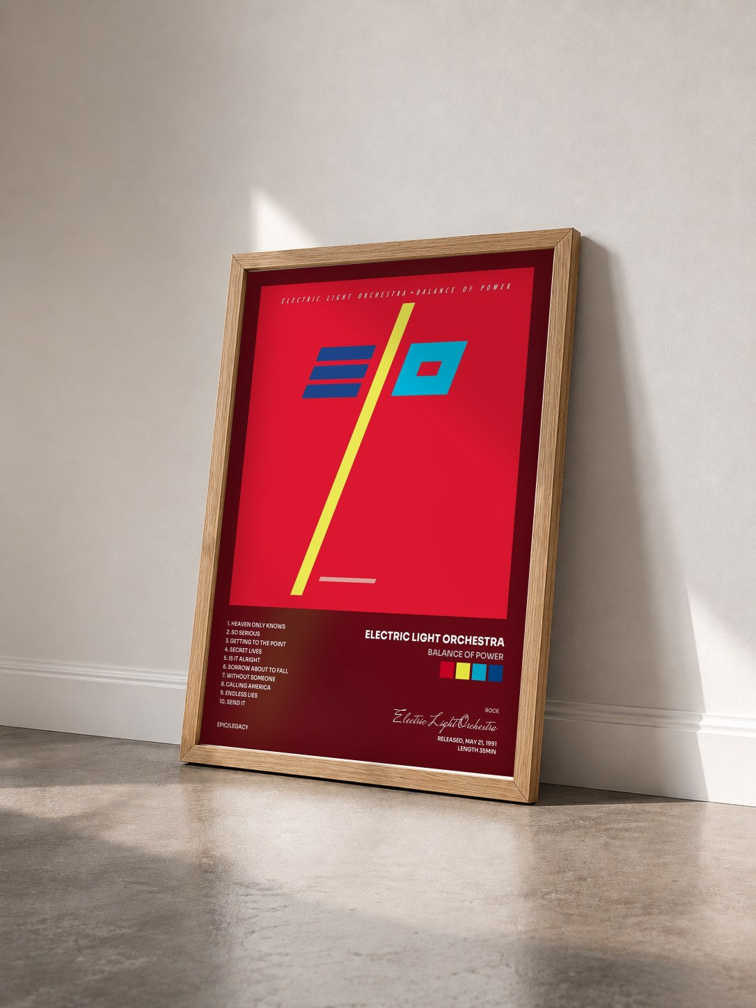 #bois Tableau de l'album Balance of Power de Electric Light Orchestra vu de trois quarts, cadre en bois brut