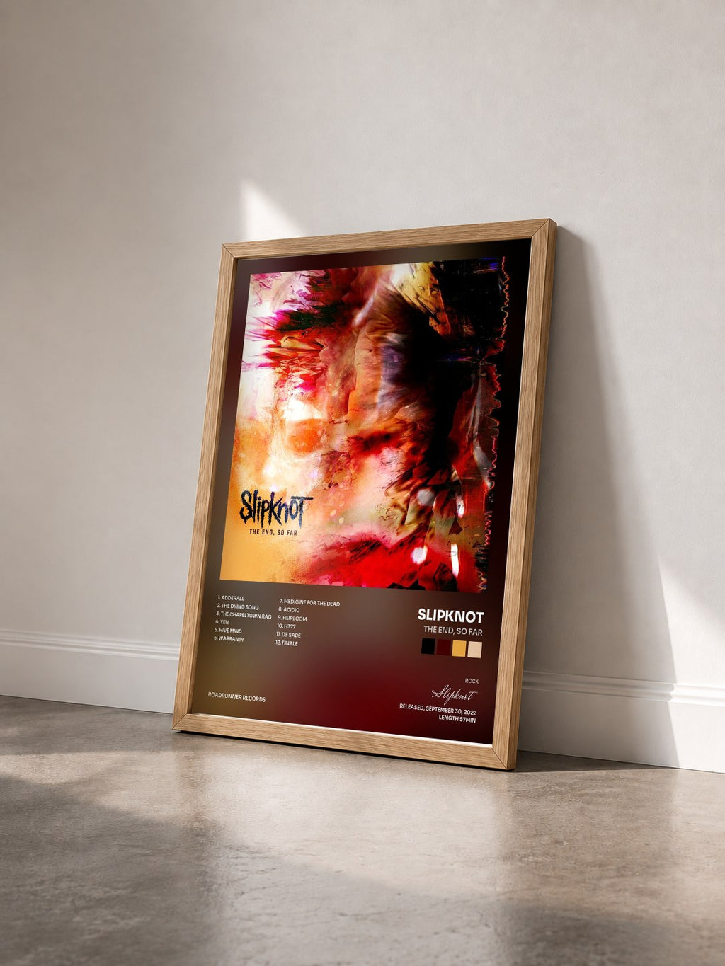#bois Tableau de l'album The End, So Far de Slipknot vu de trois quarts, cadre en bois brut