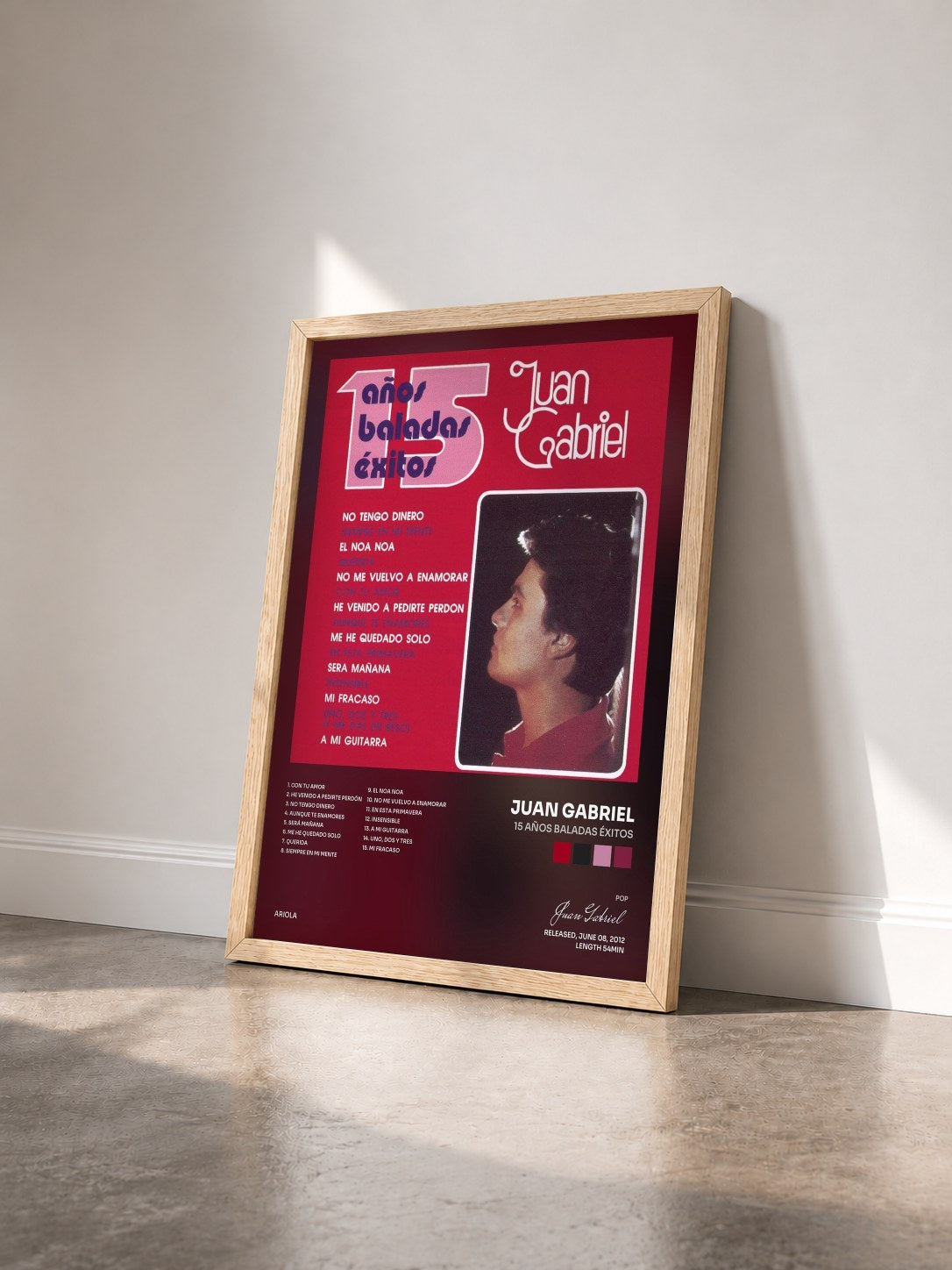 #bois Tableau de l'album 15 Años Baladas Éxitos de Juan Gabriel vu de trois quarts, cadre en bois brut