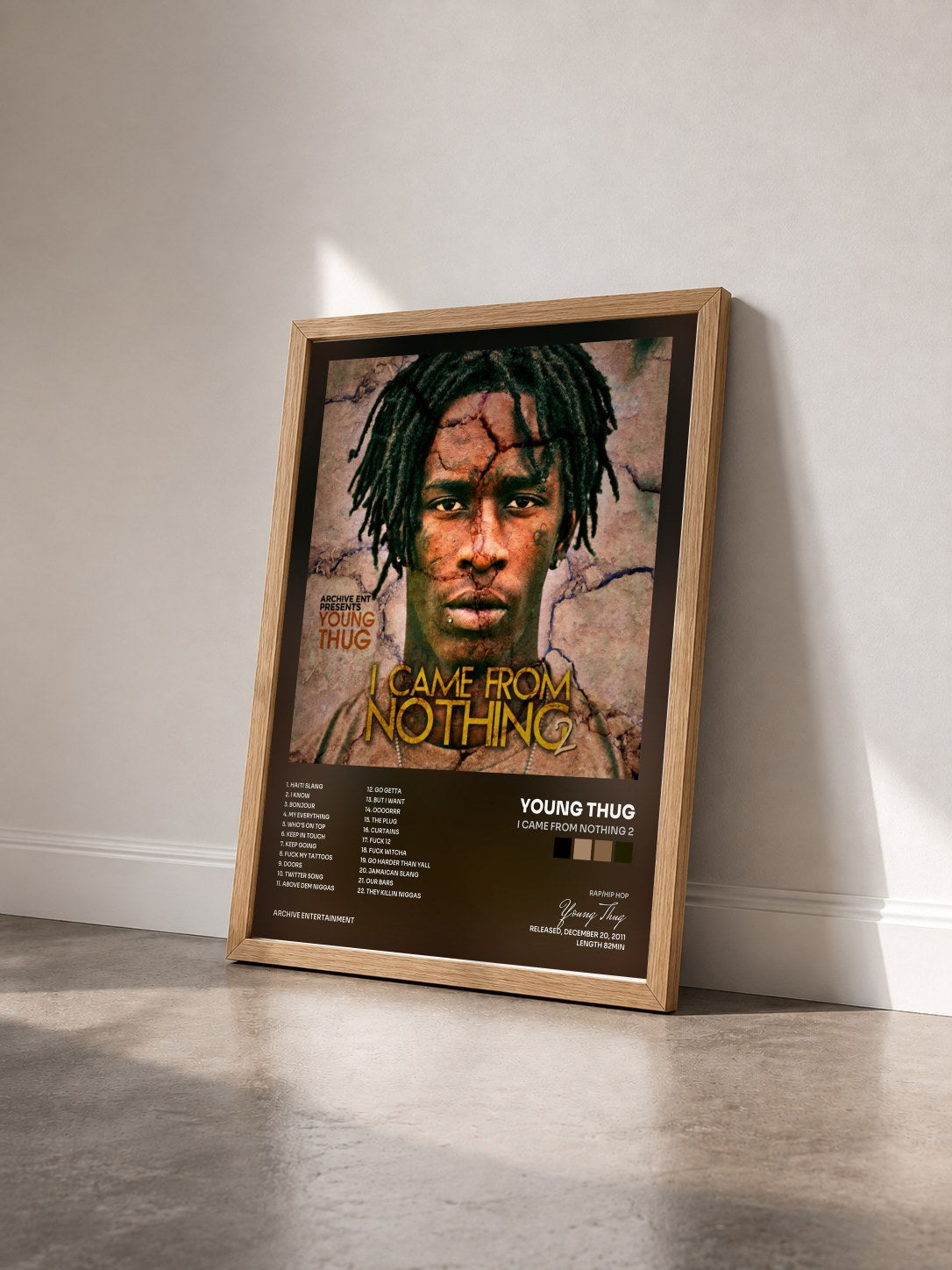 #bois Tableau de l'album I Came from Nothing 2 de Young Thug vu de trois quarts, cadre en bois brut
