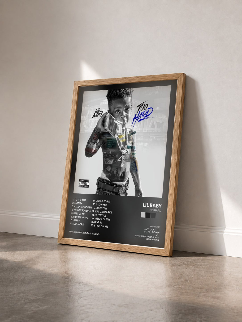 #bois Tableau de l'album Too Hard de Lil Baby vu de trois quarts, cadre en bois brut