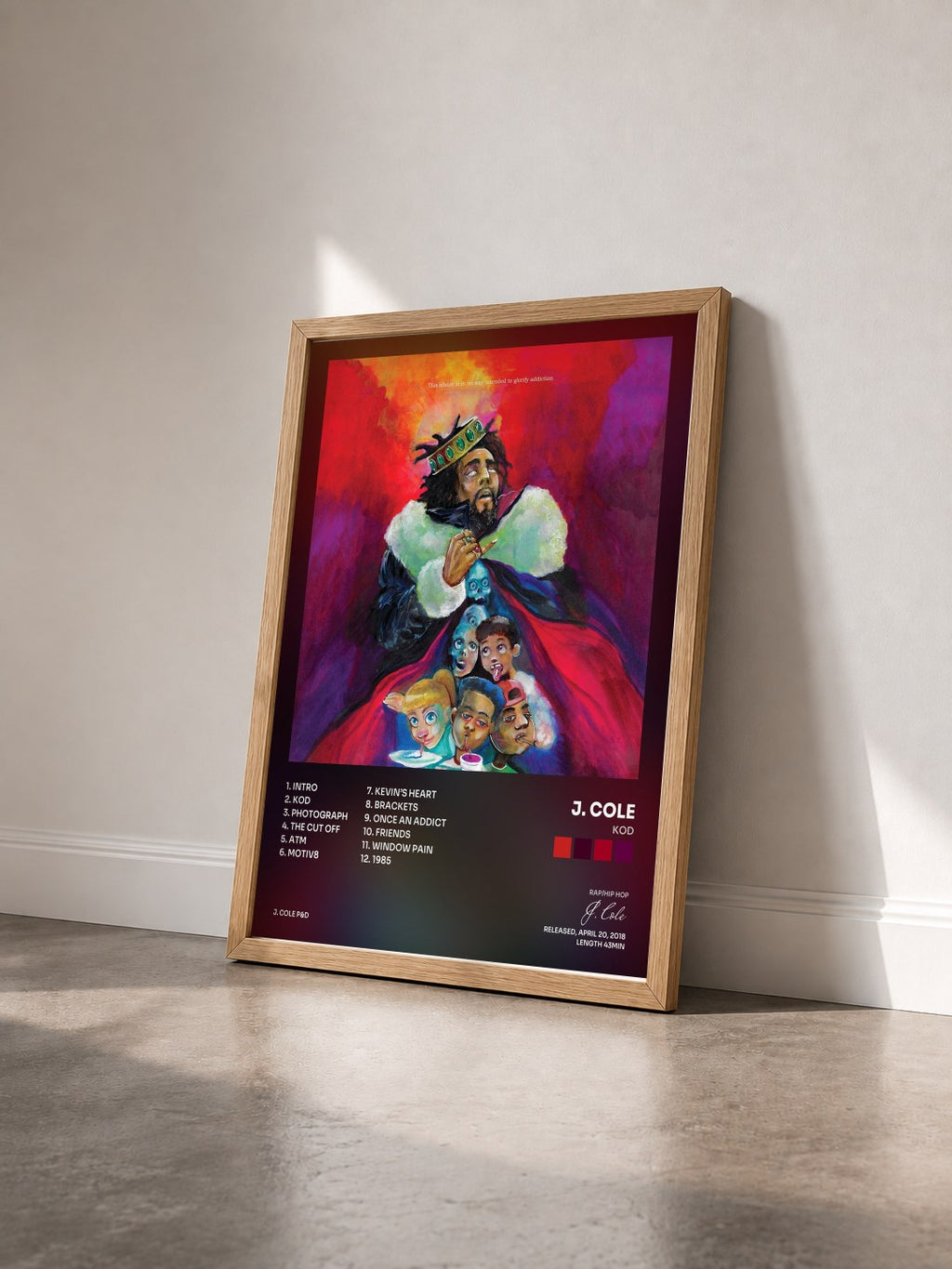 #bois Tableau de l'album KOD de J. Cole vu de trois quarts, cadre en bois brut