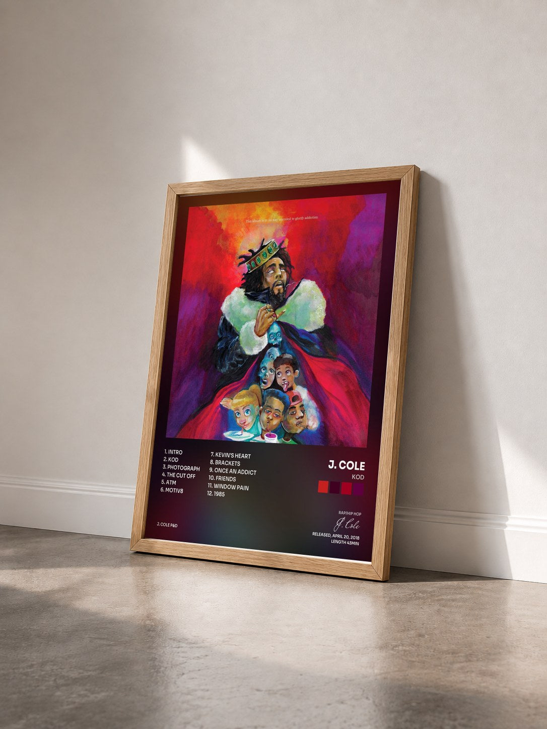 #bois Tableau de l'album KOD de J. Cole vu de trois quarts, cadre en bois brut