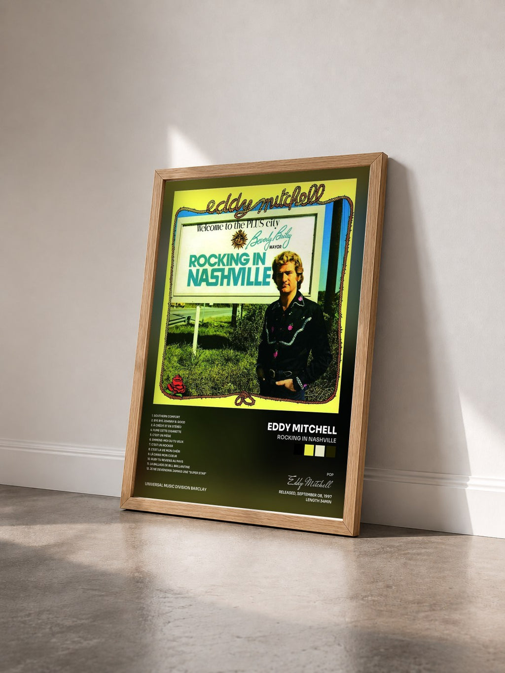 #bois Tableau de l'album Rocking In Nashville de Eddy Mitchell vu de trois quarts, cadre en bois brut