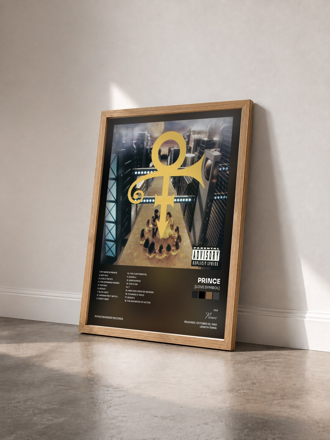 #bois Tableau de l'album [Love Symbol] de Prince vu de trois quarts, cadre en bois brut