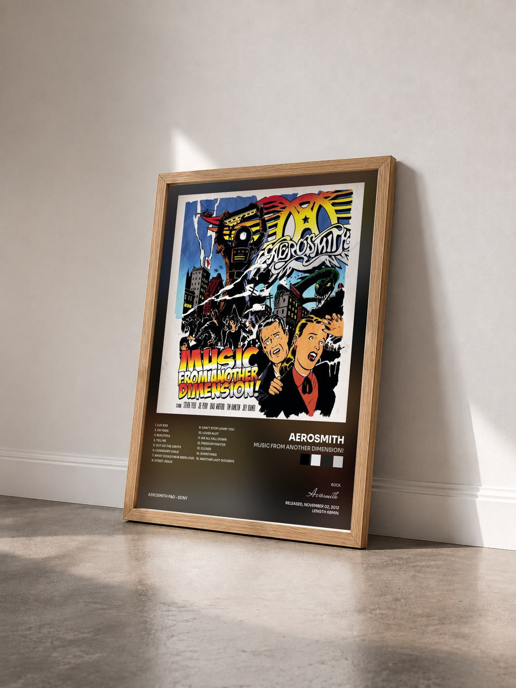 #bois Tableau de l'album Music From Another Dimension! de Aerosmith vu de trois quarts, cadre en bois brut
