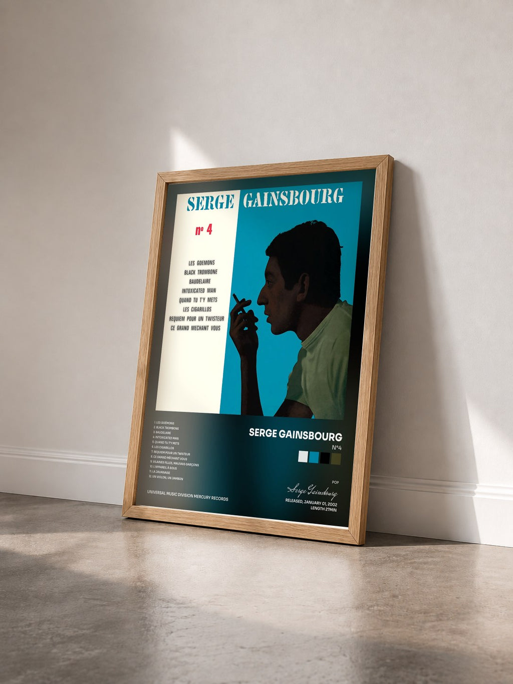 #bois Tableau de l'album N°4 de Serge Gainsbourg vu de trois quarts, cadre en bois brut