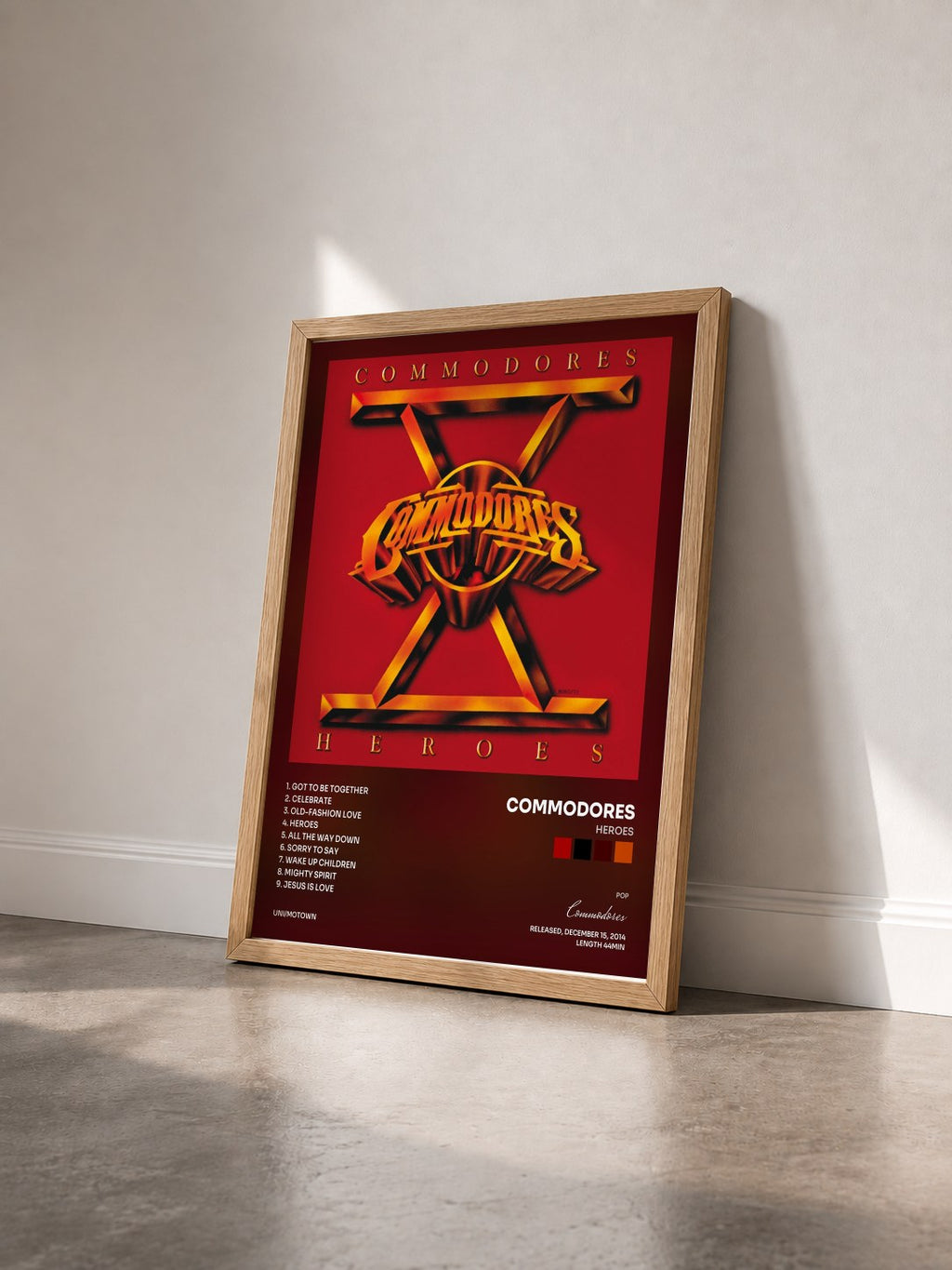 #bois Tableau de l'album Heroes de Commodores vu de trois quarts, cadre en bois brut