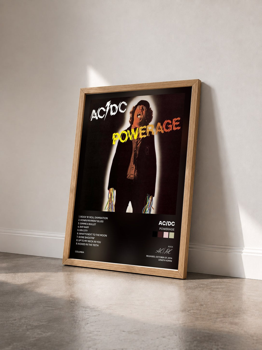#bois Tableau de l'album Powerage de AC/DC vu de trois quarts, cadre en bois brut