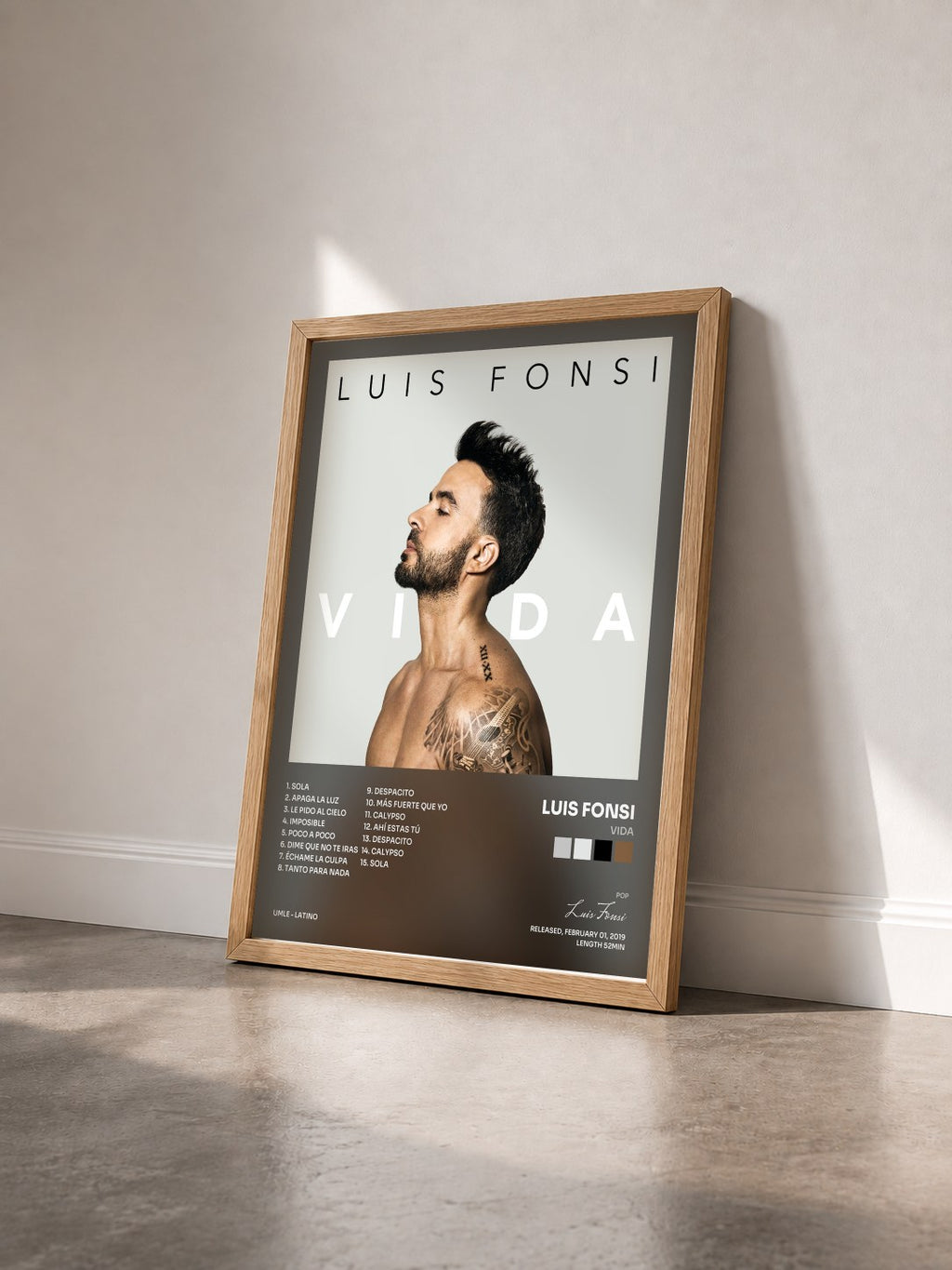 #bois Tableau de l'album VIDA de Luis Fonsi vu de trois quarts, cadre en bois brut