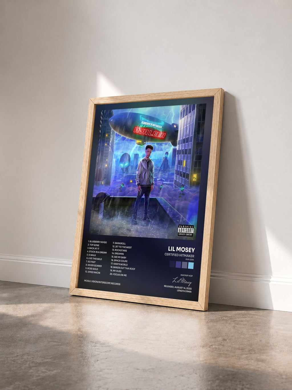 #bois Tableau de l'album Certified Hitmaker (AVA Leak) de Lil Mosey vu de trois quarts, cadre en bois brut