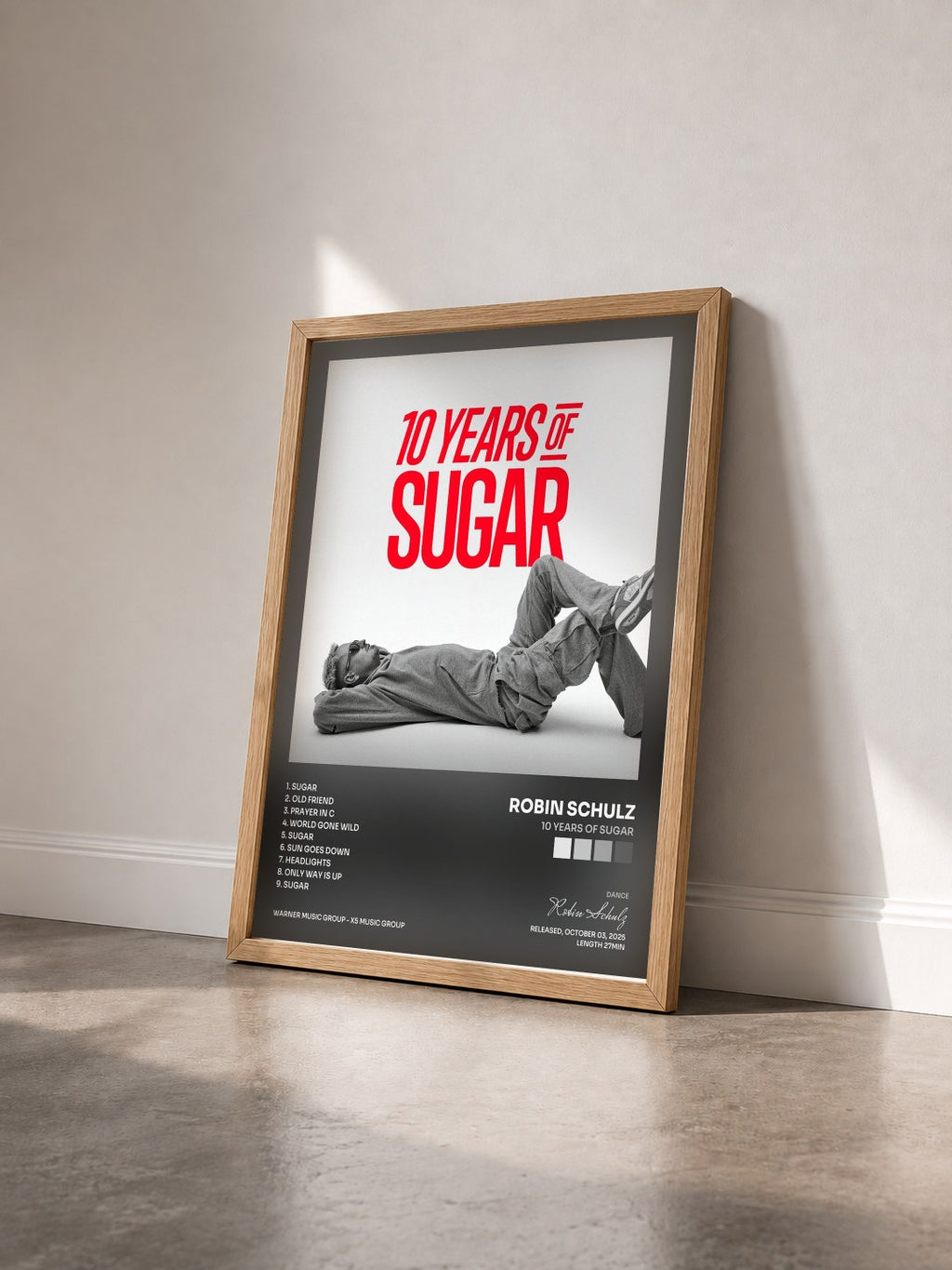 #bois Tableau de l'album 10 Years of Sugar de Robin Schulz vu de trois quarts, cadre en bois brut