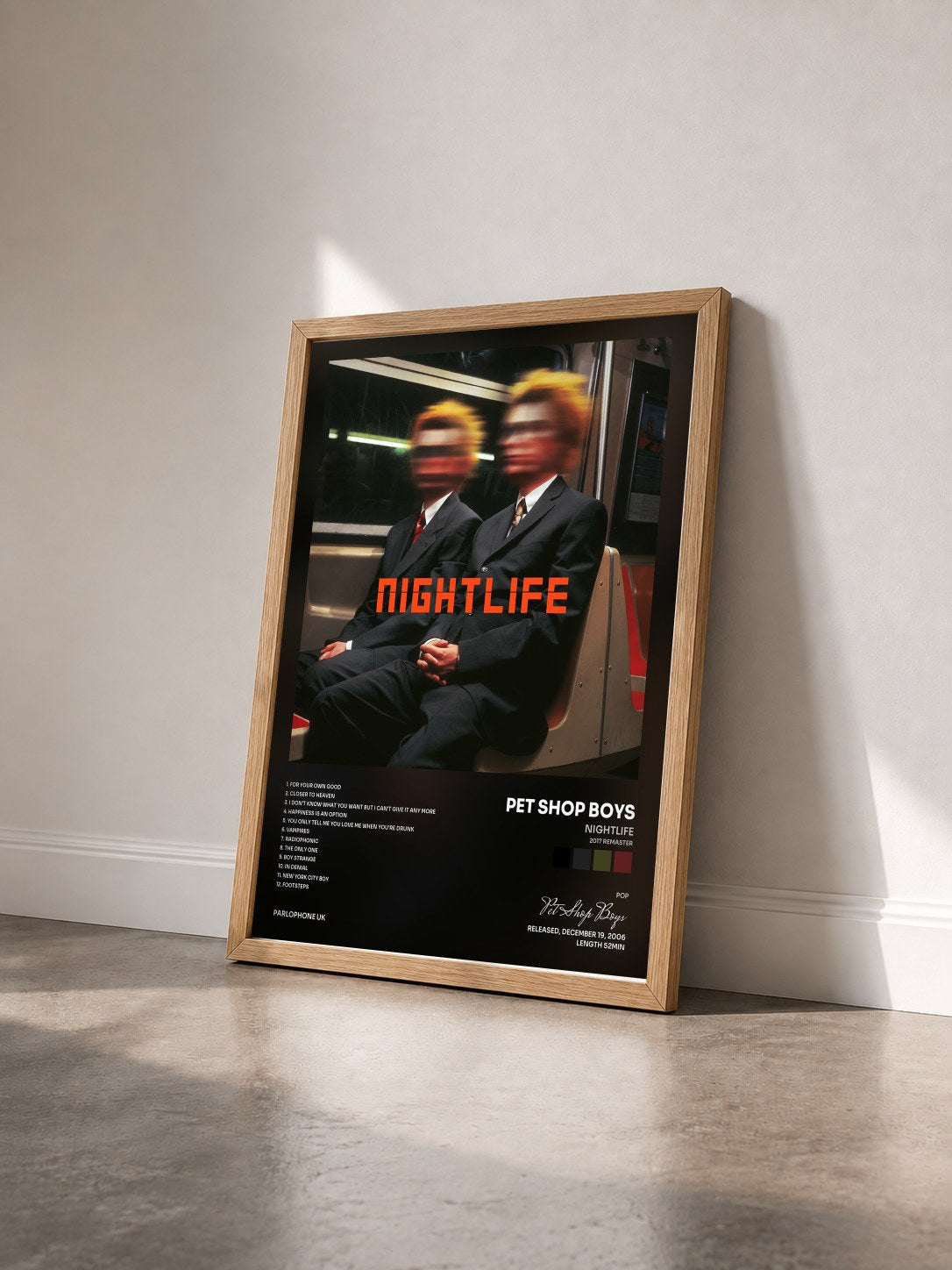 #bois Tableau de l'album Nightlife (2017 Remaster) de Pet Shop Boys vu de trois quarts, cadre en bois brut