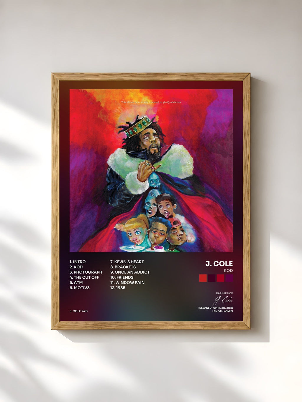 #bois Tableau de l'album KOD de J. Cole, cadre en bois brut, imprimé et encadré en France