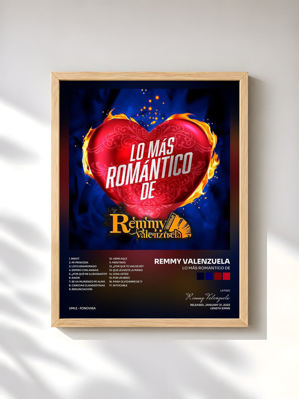 #bois Tableau de l'album Lo Más Romantico De de Remmy Valenzuela, cadre en bois brut, imprimé et encadré en France