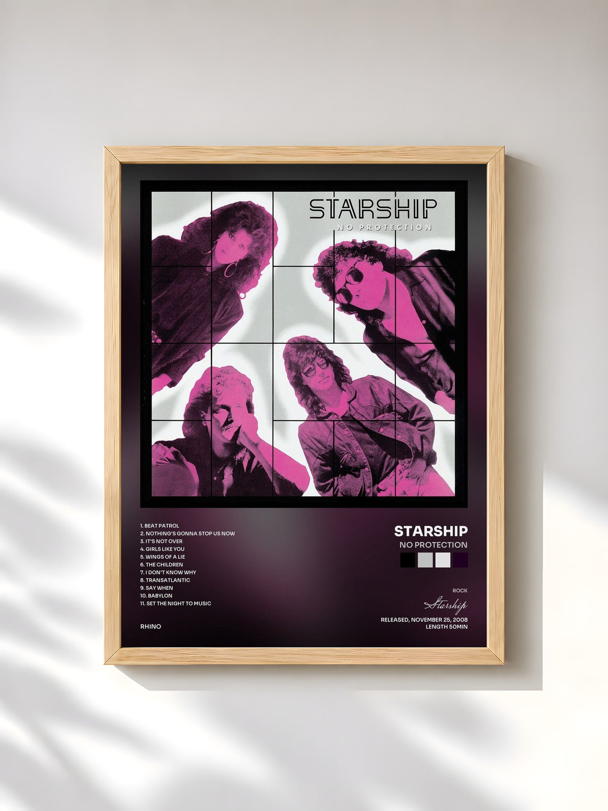 #bois Tableau de l'album No Protection de Starship, cadre en bois brut, imprimé et encadré en France