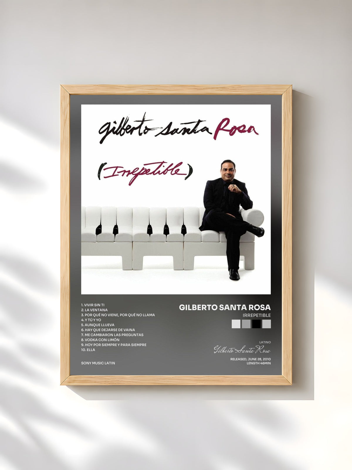 #bois Tableau de l'album Irrepetible de Gilberto Santa Rosa, cadre en bois brut, imprimé et encadré en France
