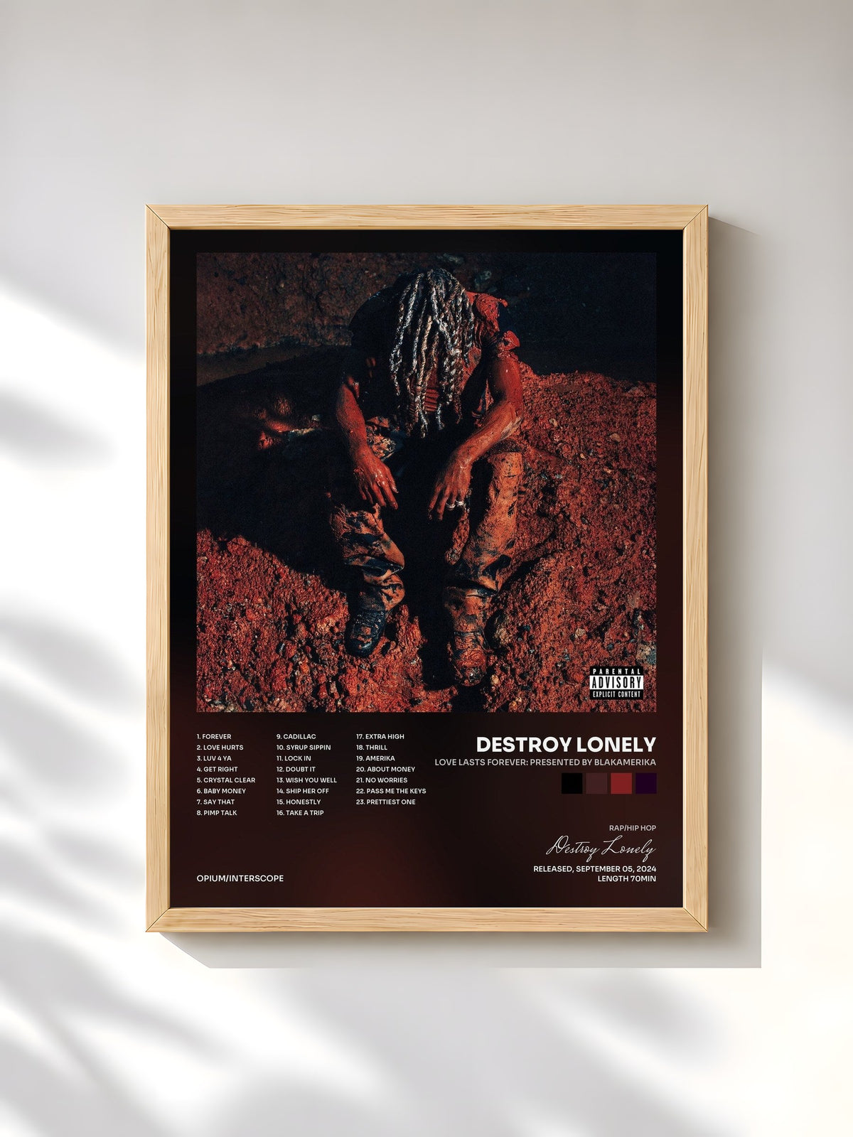 #bois Tableau de l'album LOVE LASTS FOREVER: PRESENTED BY BLAKAMERIKA de Destroy Lonely, cadre en bois brut, imprimé et encadré en France