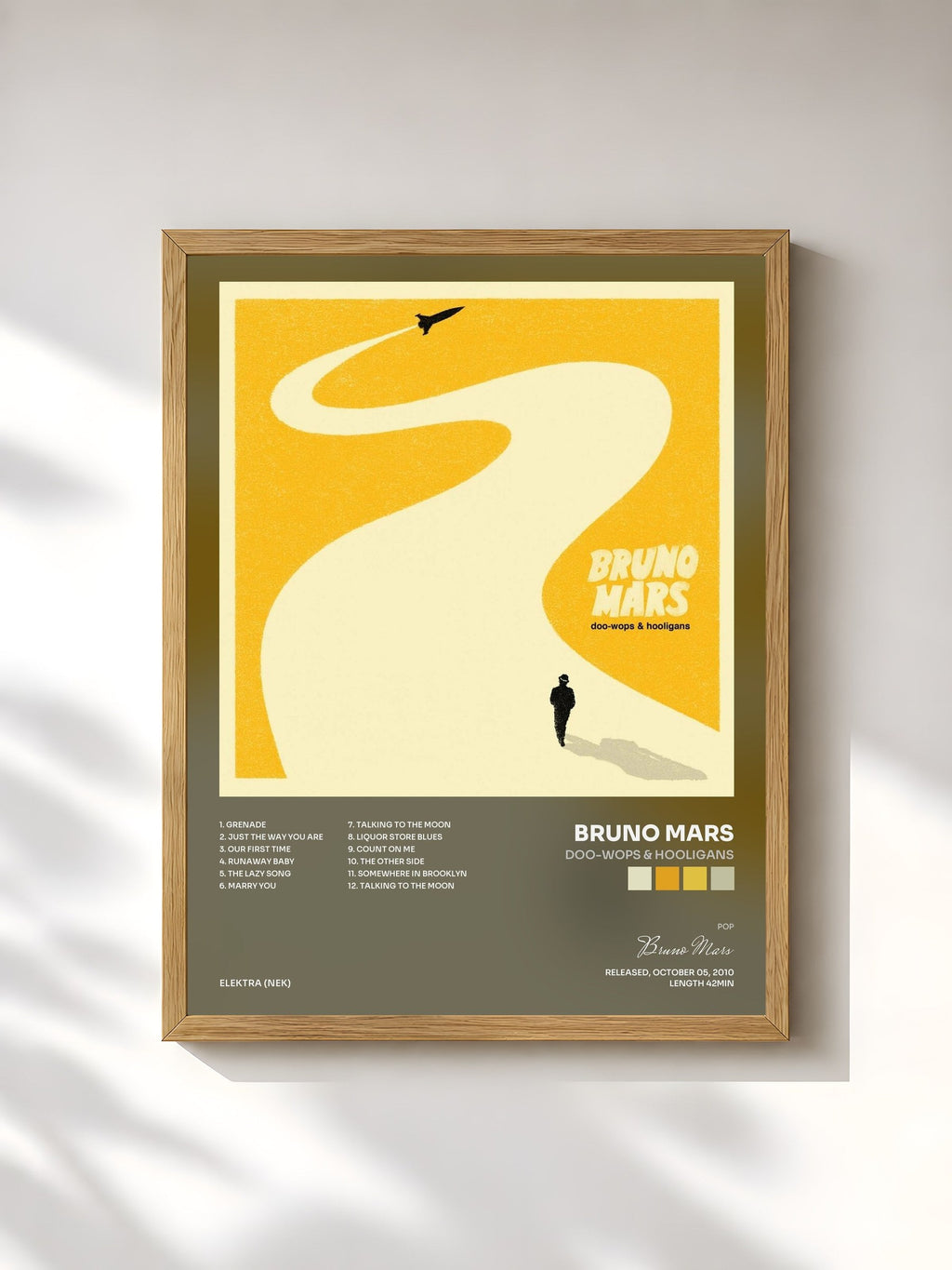 #bois Tableau de l'album Doo-Wops & Hooligans de Bruno Mars, cadre en bois brut, imprimé et encadré en France