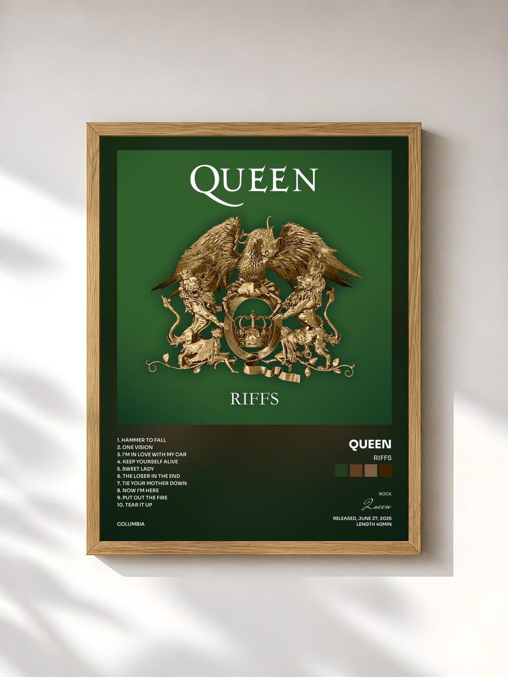 #bois Tableau de l'album Riffs de Queen, cadre en bois brut, imprimé et encadré en France